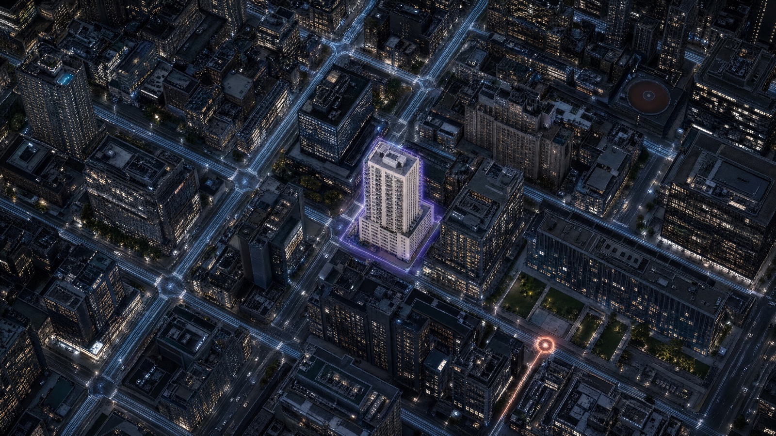 A digital twin of Midtown Manhattan with Tower 53 at 159 West 53rd Street highlighted in purple inside Cargon's connected property network